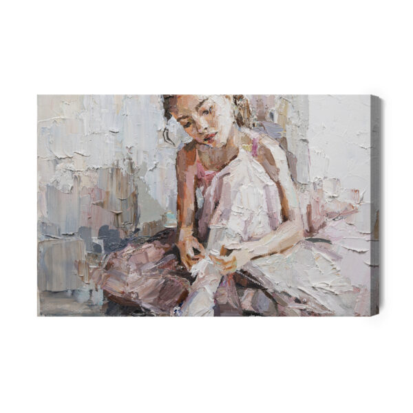Obraz Na Płótnie Little Ballerina With Curly Hair Sits And Fastens Pointe Shoes . Oil Painting