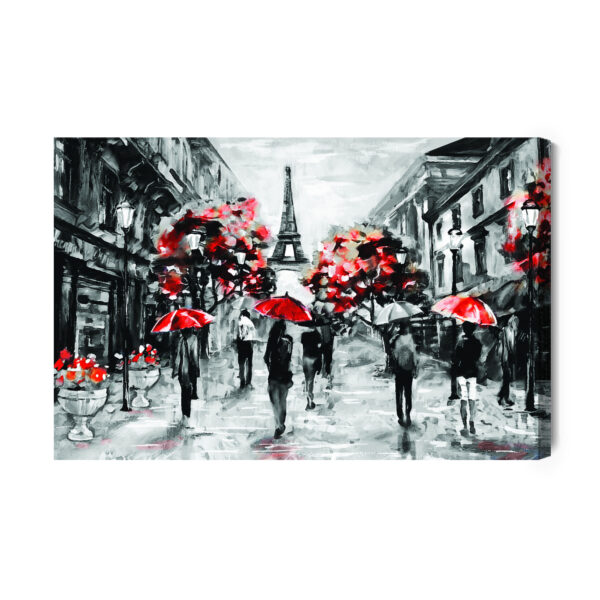 Obraz Na Płótnie Ludzie Z Czerwonymi Parasolami W Paryżu - aranżacja