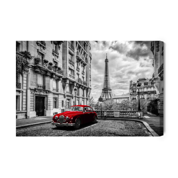 Obraz Na Płótnie Czerwony Samochód I Wieża Eiffla - aranżacja