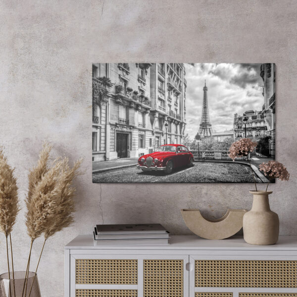 Obraz Na Płótnie Czerwony Samochód I Wieża Eiffla - wzór na obrazie