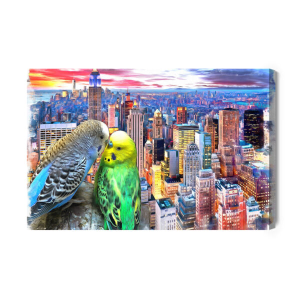 Obraz Na Płótnie Papużki Faliste Na Tle Nowego Jorku - aranżacja