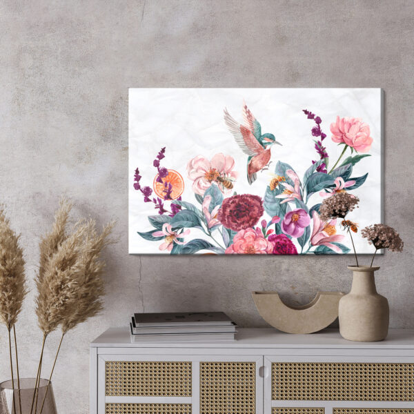 Obraz Na Płótnie Akwarelowe Kolibry I Pszczoły Na Kwiatkach - wzór na obrazie