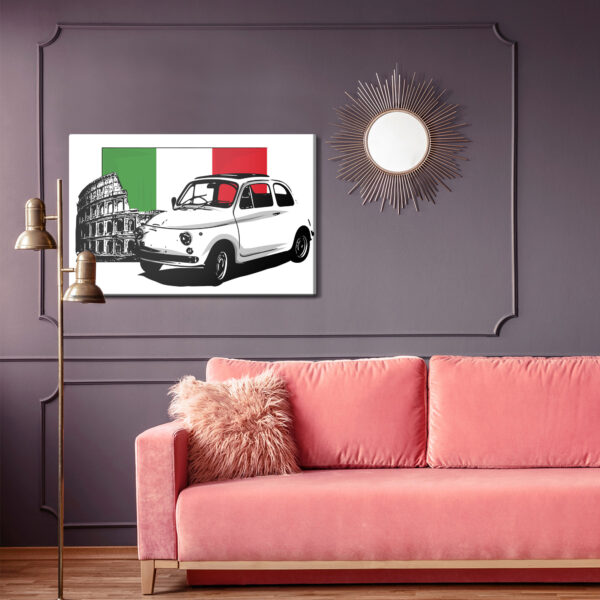 Obraz Na Płótnie Retro Auto Na Tle Włoskiej Flagi I Koloseum - aranżacja salon