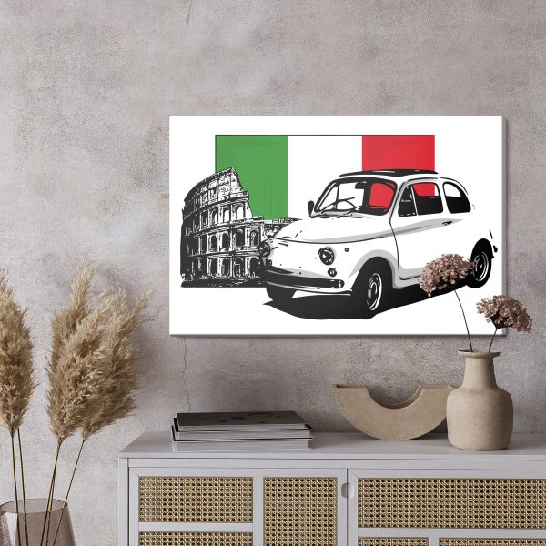 Obraz Na Płótnie Retro Auto Na Tle Włoskiej Flagi I Koloseum - wzór na obrazie
