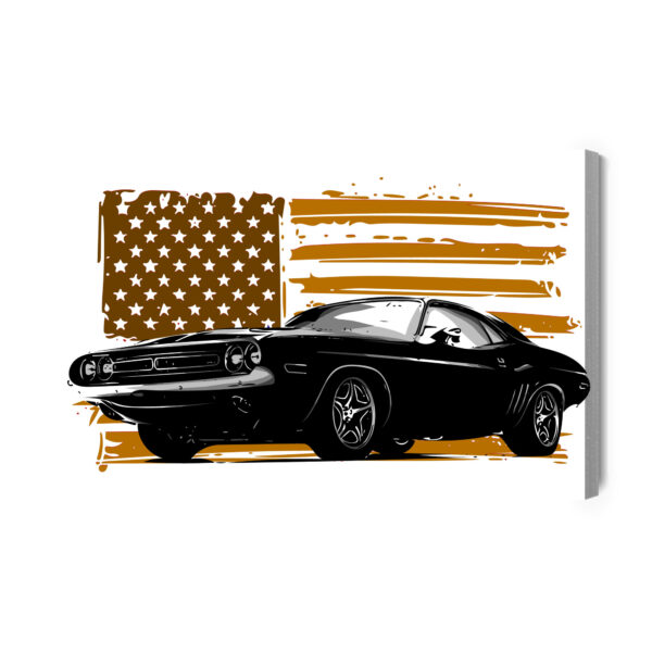Obraz Na Płótnie Amerykański Muscle Car Na Tle Beżowej Flagi Usa - aranżacja
