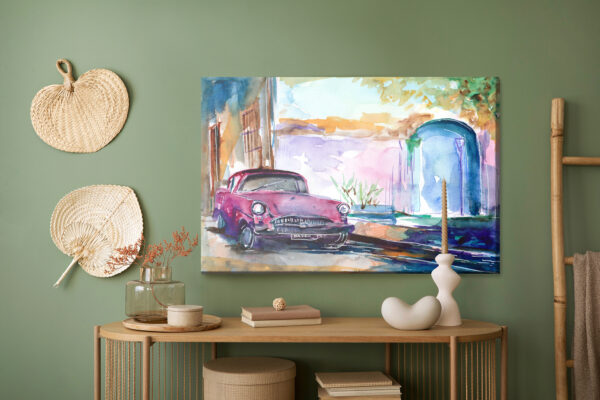 Obraz Na Płótnie Różowy Samochód Malowany Akwarelą - aranżacja mieszkania