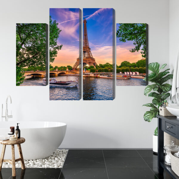 Obraz Wieloczęściowy Wieża Eiffla I Sekwana O Zachodzie Słońca W Paryżu - aranżacja mieszkania