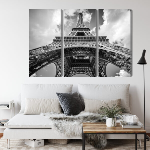 Obraz Wieloczęściowy Paryż Wieża Eiffla Czarno-Biały Widok - aranżacja salon