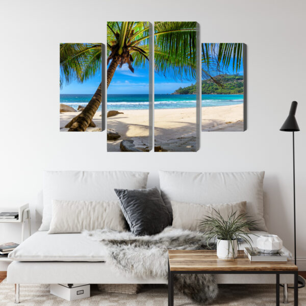 Obraz Wieloczęściowy Tropikalna Plaża Z Palmą 3D - aranżacja salon