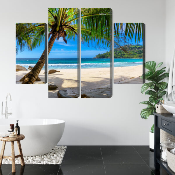 Obraz Wieloczęściowy Tropikalna Plaża Z Palmą 3D - aranżacja mieszkania