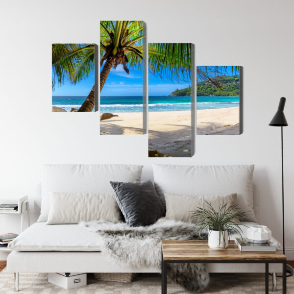 Obraz Wieloczęściowy Tropikalna Plaża Z Palmą 3D - aranżacja salon