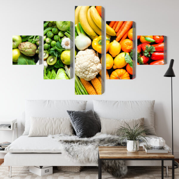 Obraz Wieloczęściowy Owoce I Warzywa W Kolorach Tęczy - aranżacja salon