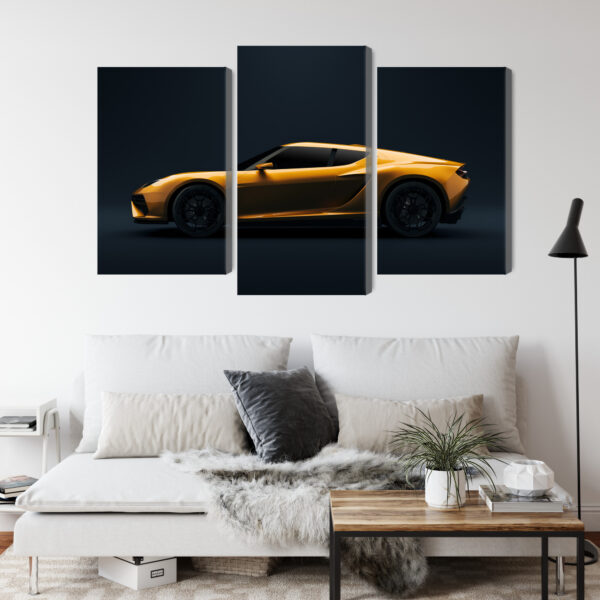 Obraz Wieloczęściowy Żółty Samochód Sportowy 3D - aranżacja salon