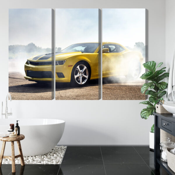 Obraz Wieloczęściowy Driftujący Żółty Samochód 3D - aranżacja mieszkania