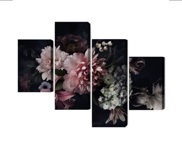 Obraz Wieloczęściowy Kwiaty W Stylu Vintage Na Ciemnym Tle - aranżacja