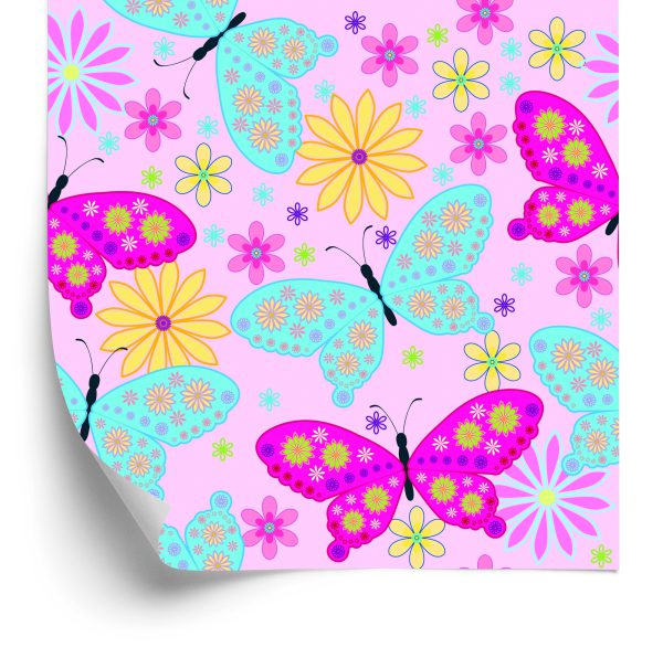 Tapeta Dla Dzieci Kolorowe Motyle Kwiaty Rośliny - wzór
