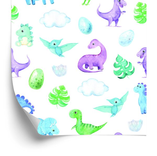 Tapeta Dla Chłopca Dinozaury Liście Chmury - wzór