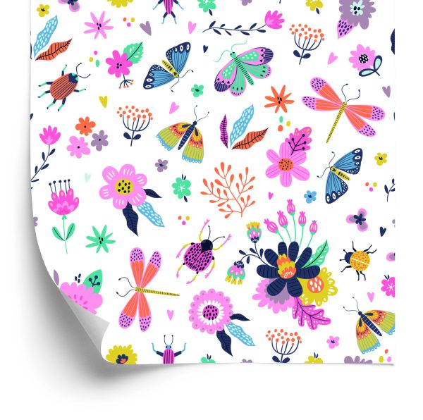 Tapeta Dla Dzieci W Kwiaty Rośliny Motyle Owady - wzór