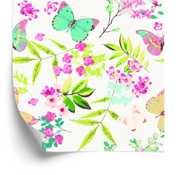 Tapeta Dla Dzieci - Kolorowe Motyle I Kwiaty - wzór