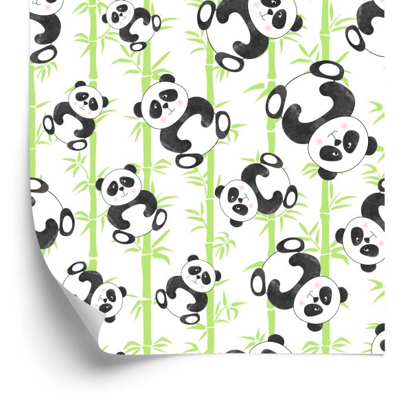 Tapeta Dla Dzieci - Uśmiechnięte Misie Panda I Bambusy - wzór