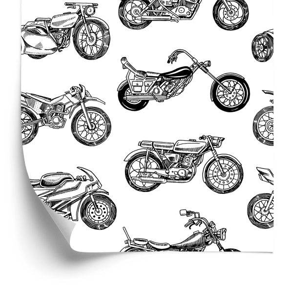 Tapeta Czarno-Białe Rysowane Motocykle - wzór