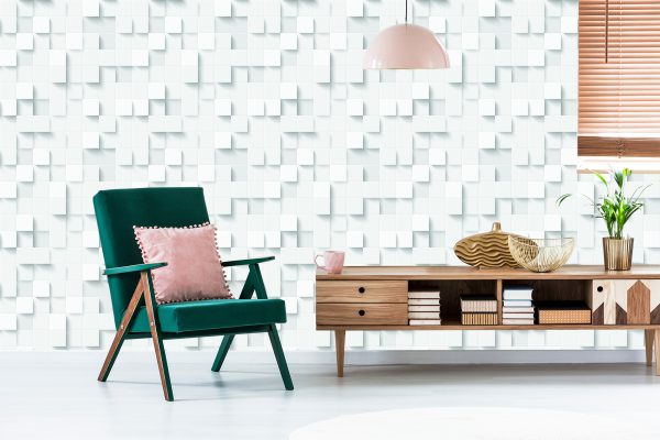 Tapeta Biała Nowoczesna Mozaika - Efekt 3D - aranżacja mieszkania