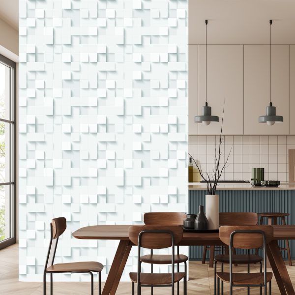 Tapeta Biała Nowoczesna Mozaika - Efekt 3D - aranżacja salonu