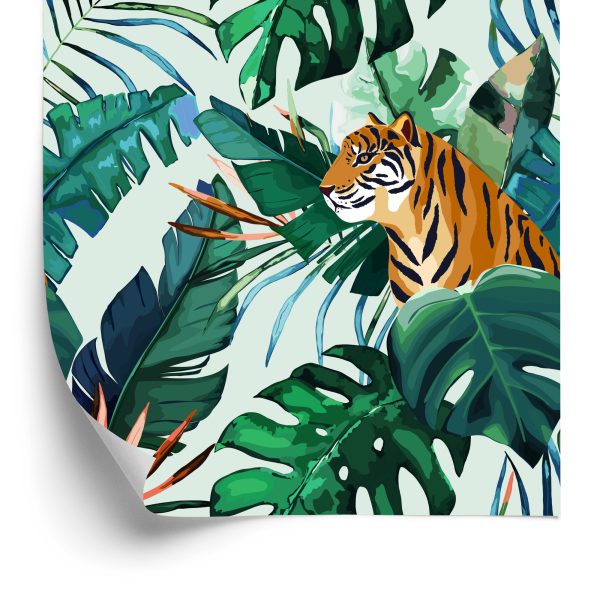 Tapeta Tygrysy I Liście Tropikalne - wzór